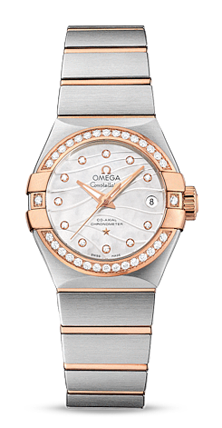 Omega Constellation Co-Axial 27 Brushed Stainless Steel Red Gold Diamond Wavy MOP