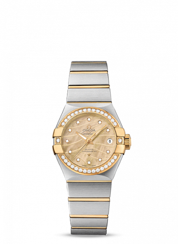 Omega Constellation Co-Axial 27 Brushed Stainless Steel Yellow Gold Diamond Bezel Champagne MOP