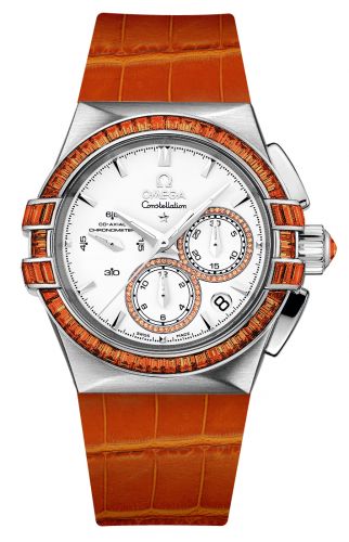 Omega Constellation Co-Axial 35 Chronograph Double Eagle White Gold Silver Orange Alligator