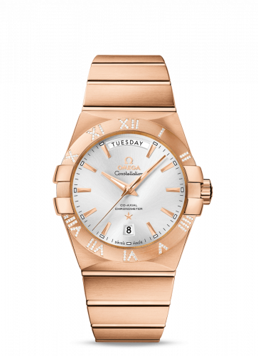Omega Constellation Co-Axial 38 Day-Date Red Gold Diamond Silver