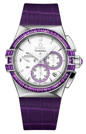 Omega Constellation Co-Axial 35 Chronograph Double Eagle White Gold Silver Purple Alligator