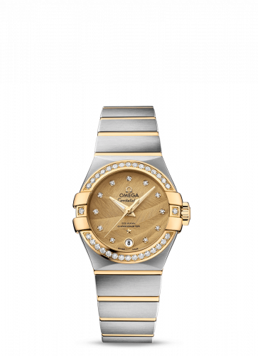 Omega Constellation Co-Axial 27 Brushed Stainless Steel Yellow Gold Diamond Bezel Champagne Feather