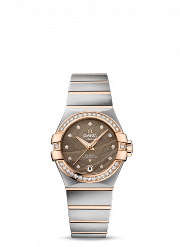 Omega Constellation Co-Axial 27 Brushed Stainless Steel Red Gold Diamond Brown Feather