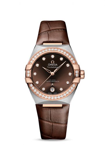 Omega Master Chronometer 36 Stainless Steel Sedna Gold Diamond Brown Strap