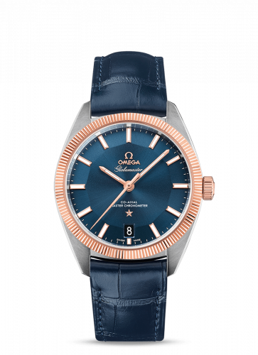 Omega Globemaster Stainless Steel Sedna Gold Blue Alligator