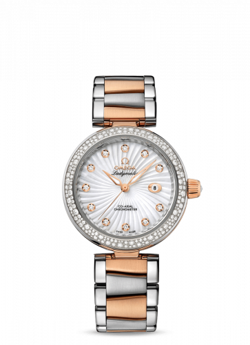 Omega LadyMatic Co-Axial 34 Stainless Steel Red Gold Diamond MOP Bracelet
