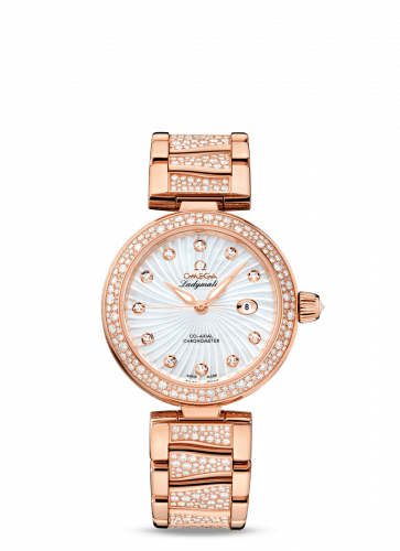 Omega LadyMatic Co-Axial 34 Red Gold Diamond MOP Diamond Bracelet
