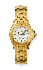 Omega Seamaster Diver 300M Quartz 28 Yellow Gold White Bracelet