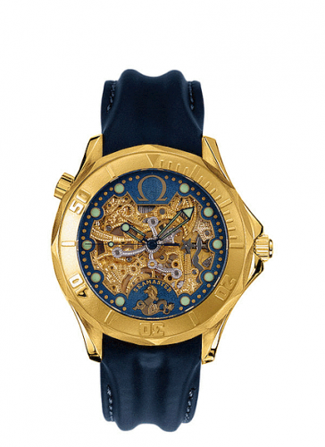 Omega Seamaster Diver 300M Automatic 41 Yellow Gold Skeleton Leather 50th Anniversary