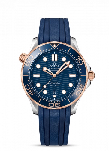 Omega Seamaster Diver 300M Master Co-Axial 42 Stainless Steel Sedna Gold Blue Rubber