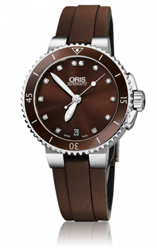 Oris Aquis Date Diamonds 36 Stainless Steel Brown - Diamond Rubber
