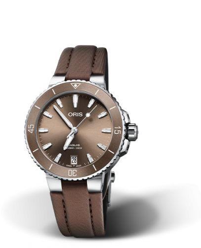 Oris Aquis Date 36.5 Stainless Steel Brown Textile