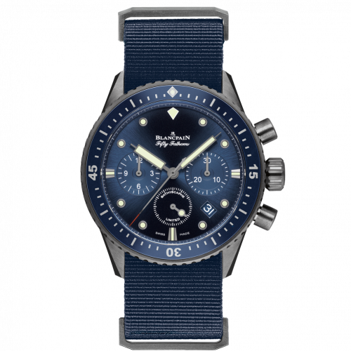 Blancpain Fifty Fathoms Bathyscaphe Flyback Chronograph Grey Ceramic Blue Blue Nato