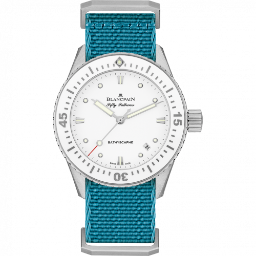 Blancpain Fifty Fathoms Bathyscaphe Stainless Steel White Baby Blue Nato
