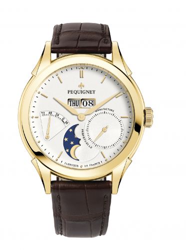 Pequignet Rue Royale Moonphase Yellow Gold Silver Brown Alligator