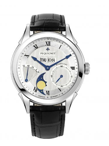 Pequignet Rue Royale Moonphase Stainless Steel Silver Guilloche Black Alligator