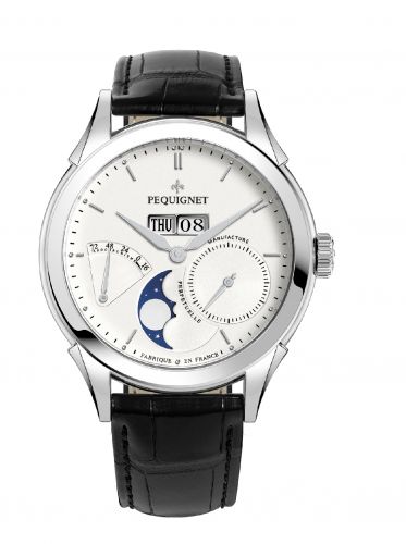 Pequignet Rue Royale Moonphase Stainless Steel Silver Black Alligator