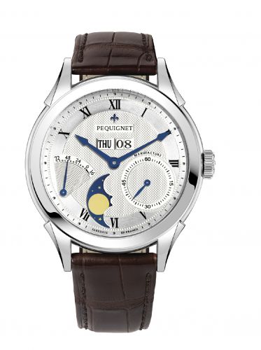 Pequignet Rue Royale Moonphase Stainless Steel Silver Guilloche Brown Alligator