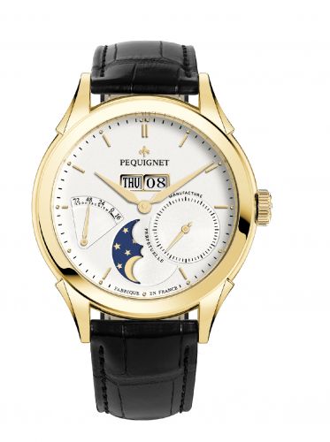 Pequignet Rue Royale Moonphase Yellow Gold Silver Black Alligator