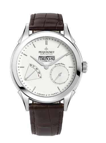 Pequignet Rue Royale Day Date Stainless Steel Silver Brown Alligator