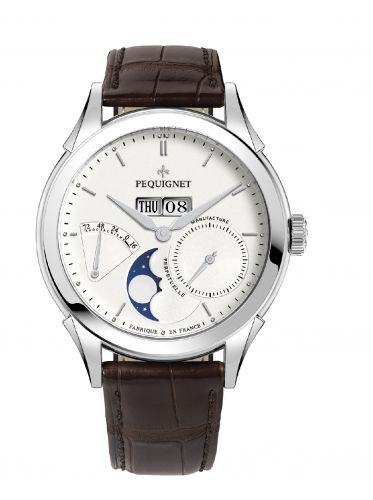 Pequignet Rue Royale Moonphase Stainless Steel Silver Brown Alligator