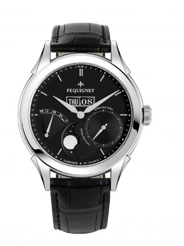 Pequignet Rue Royale Moonphase Stainless Steel Black Black Alligator
