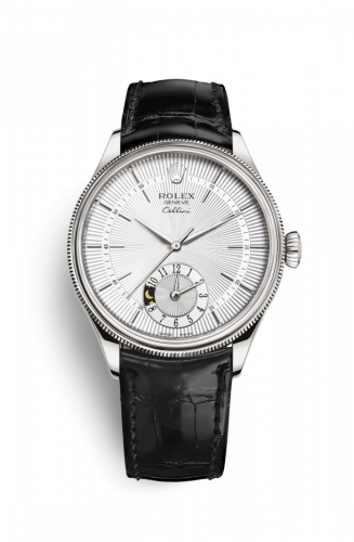 Rolex Cellini Dual Time White Gold Silver Alligator Black