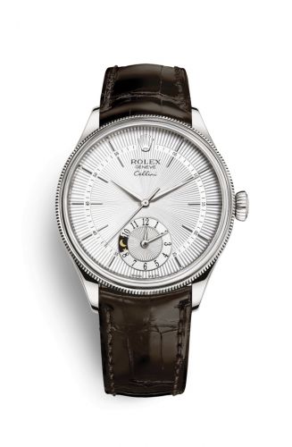 Rolex Cellini Dual Time White Gold Silver Alligator Brown