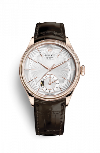 Rolex Cellini Dual Time Everose Silver Alligator Brown