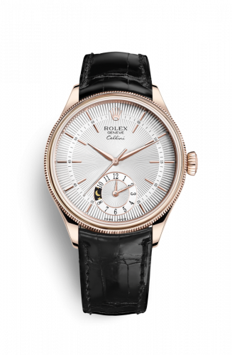 Rolex Cellini Dual Time Everose Silver Alligator Black