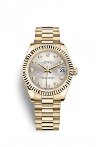 Rolex Datejust 31 Yellow Gold Fluted President Silver Diamond