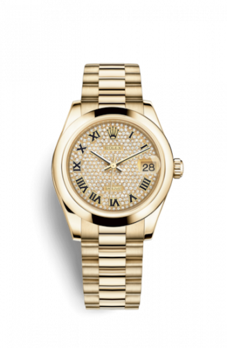 Rolex Datejust 31 Yellow Gold Domed President Paved Roman
