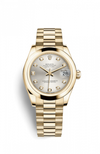 Rolex Datejust 31 Yellow Gold Domed President Silver Diamonds