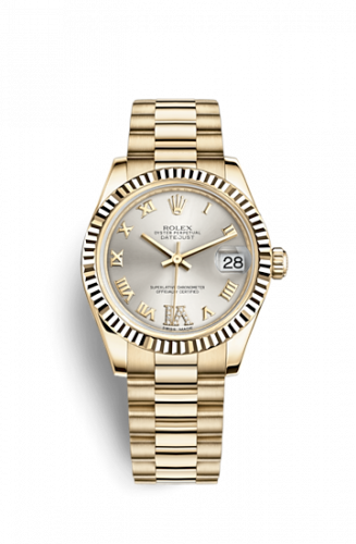 Rolex Datejust 31 Yellow Gold Fluted President Silver Roman