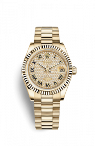 Rolex Datejust 31 Yellow Gold Fluted President Paved Roman
