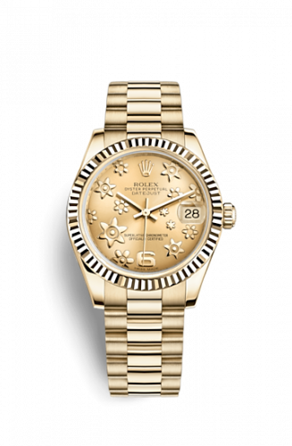 Rolex Datejust 31 Yellow Gold Fluted President Champagne Floral