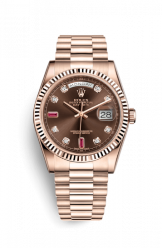 Rolex Day-Date 36 Everose Fluted President Chocolate Diamonds Rubies