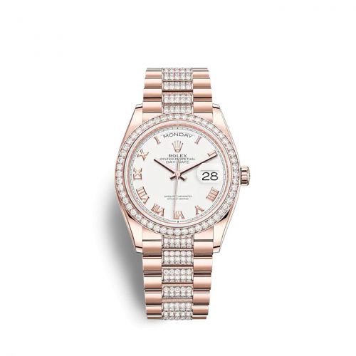 Rolex Day-Date 36 Everose Gold Diamond White - Roman President-Diamond