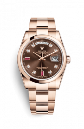 Rolex Day-Date 36 Everose Domed Oyster Chocolate Diamonds Rubies