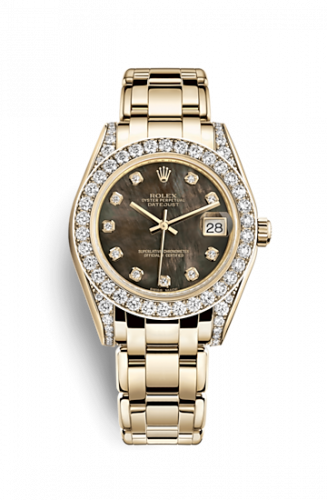 Rolex Datejust Pearlmaster 34 Yellow Gold Diamond Shoulders Black Mother of Pearl Diamonds