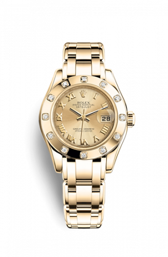 Rolex Datejust Pearlmaster 29 Yellow Gold 12 Diamond Champagne Roman