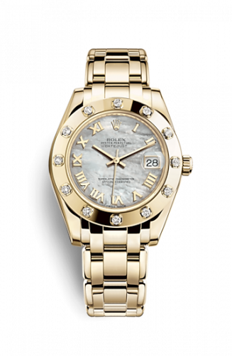 Rolex Datejust Pearlmaster 34 Yellow Gold 12 Diamond Mother of Pearl Roman