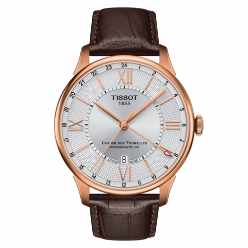 Tissot Chemin Des Tourelles Powermatic 80 GMT 42 Rose Gold PVD Silver Strap