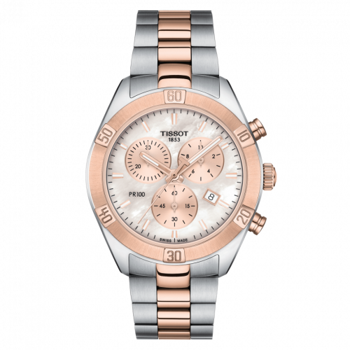 Tissot PR 100 Sport Chic Chronograph 38 Stainless Steel Rose Gold PVD MOP Bracelet