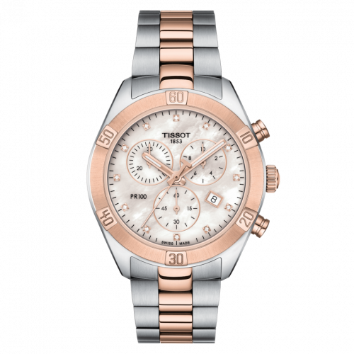 Tissot PR 100 Sport Chic Chronograph 38 Stainless Steel Rose Gold PVD MOP Bracelet