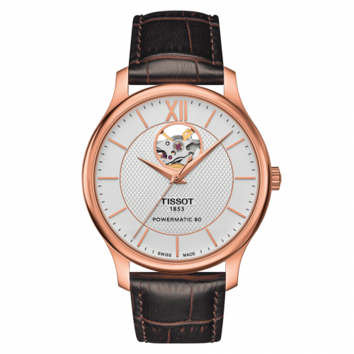 Tissot Tradition Powermatic 80 Open Heart 40 Rose Gold PVD Silver Strap
