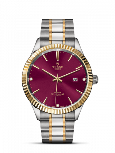 Tudor Style 41 Stainless Steel Yellow Gold Fluted Burgundy-Diamond Bracelet
