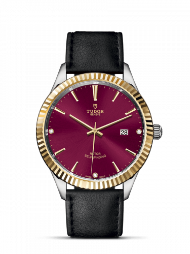Tudor Style 41 Stainless Steel Yellow Gold Fluted Burgundy-Diamond Strap