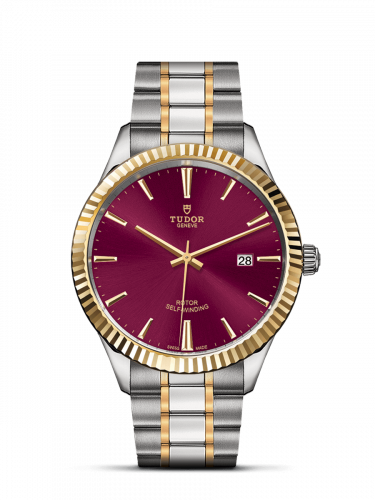 Tudor Style 41 Stainless Steel Yellow Gold Fluted Burgundy Bracelet
