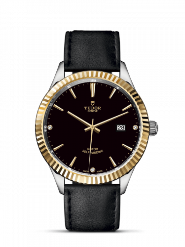 Tudor Style 41 Stainless Steel Yellow Gold Fluted Black-Diamond Strap